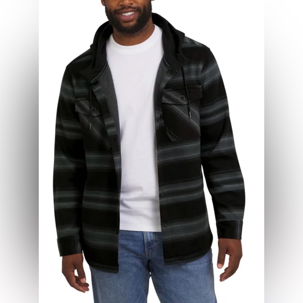 NWT Quicksilver Men's Striped Black Hooded Shirt Jacket. Very warm! Size M